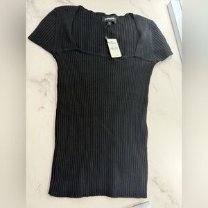NWT Express Black Ribbed Square Neck Short Sleeve Top